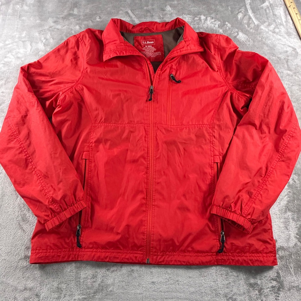 LL Bean Mens Windbreaker Jacket Red Full Zip Mesh Lined Outdoor 299785 Medium